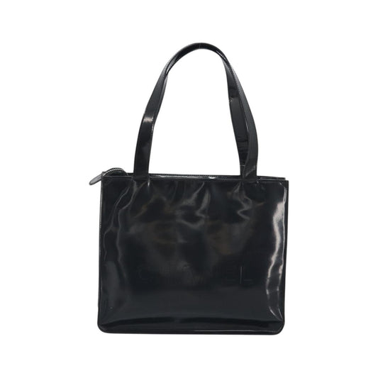Chanel Vintage Embossed Logo Shoulder Patent, Black, Patent Leather, Tote Bag