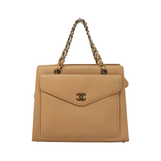 Chanel Vintage Front Pocket Tote Quilted Leather, Beige, Leather, Tote Bag