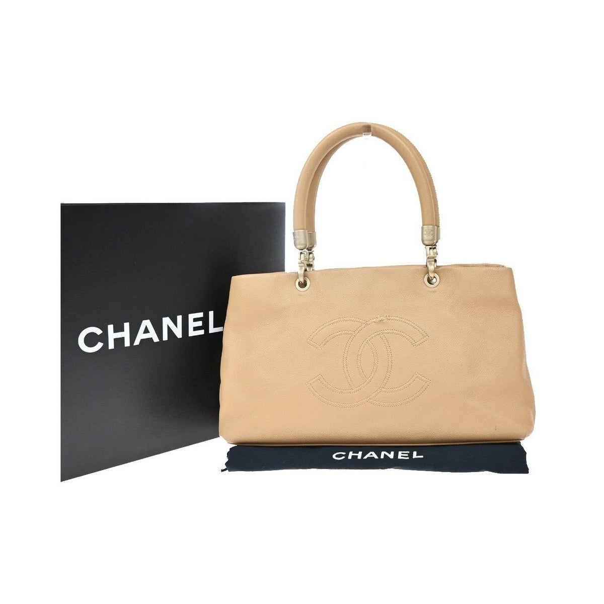 Chanel Vintage Handle CC Caviar, Beige, Leather, Tote Bag