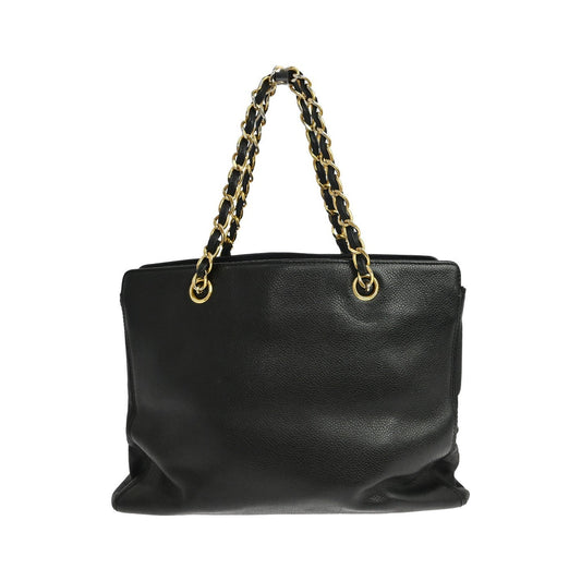 Chanel Vintage Logo Chain Caviar, Black, Leather, Tote Bag