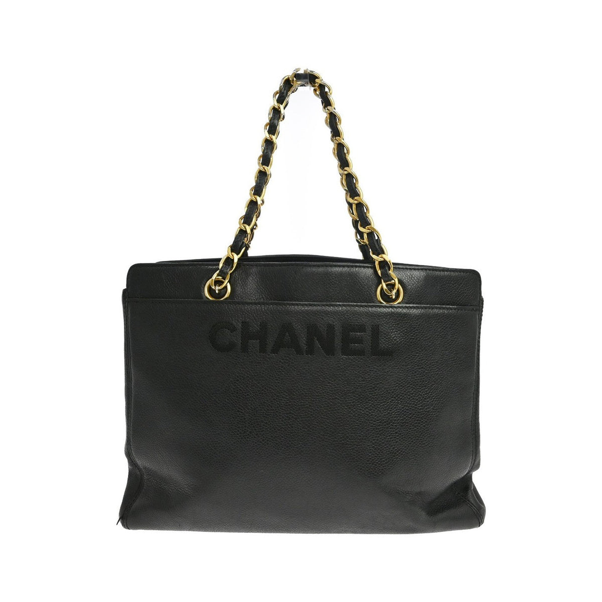 Chanel Vintage Logo Chain Tote Caviar, Black, Leather, Tote Bag