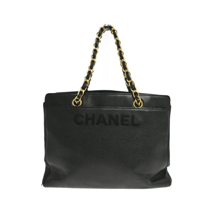 Chanel Vintage Logo Chain Tote Caviar, Black, Leather, Tote Bag