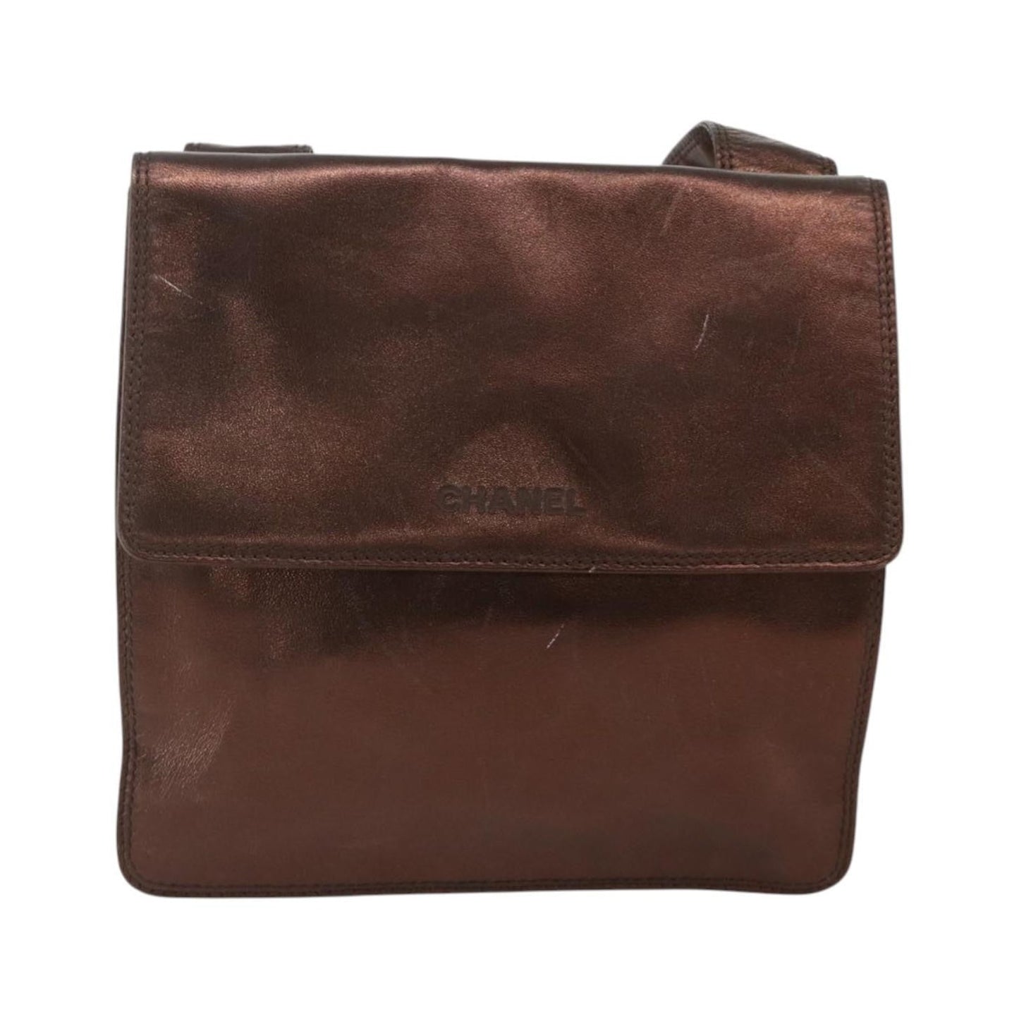 Chanel Vintage Logo Flap Messenger Leather, Brown, Leather, Shoulder Bag