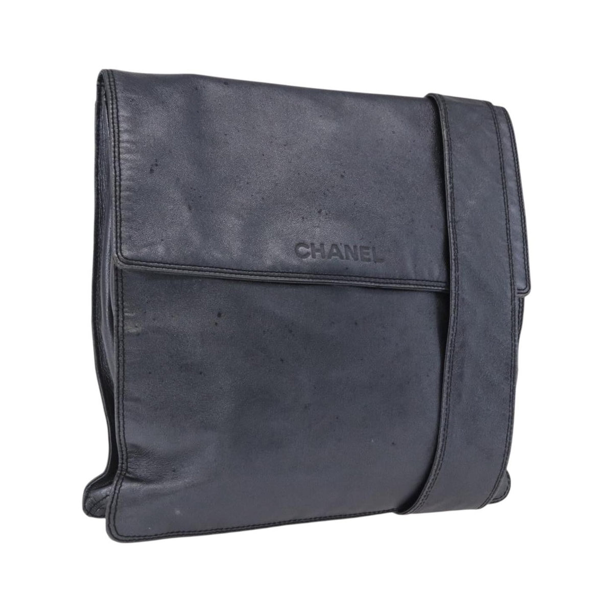 Chanel Vintage Logo Flap Messenger Leather, Blue, Leather, Handbag