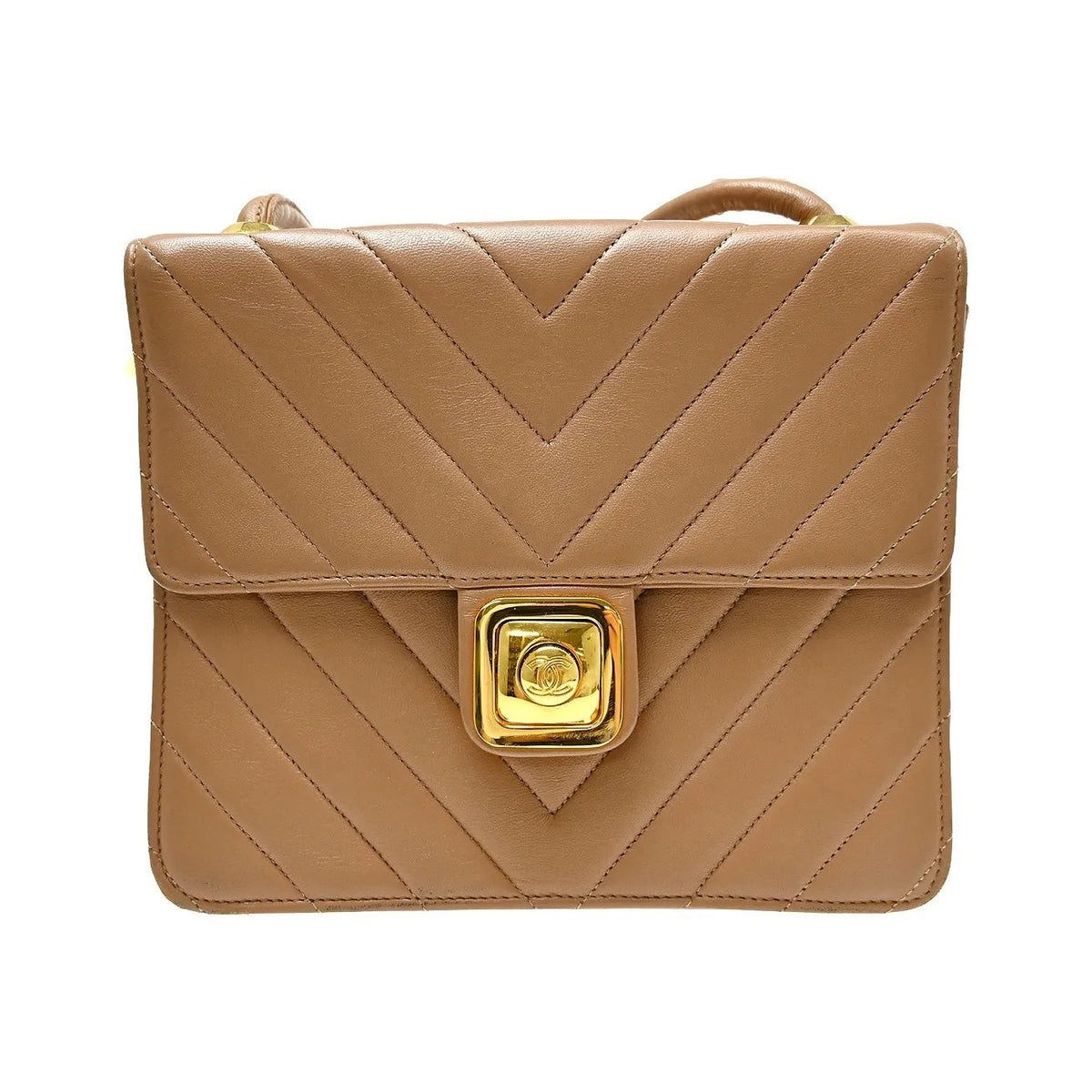 Chanel Vintage Push Lock Flap Chevron Lambskin, Brown, Leather, Shoulder Bag