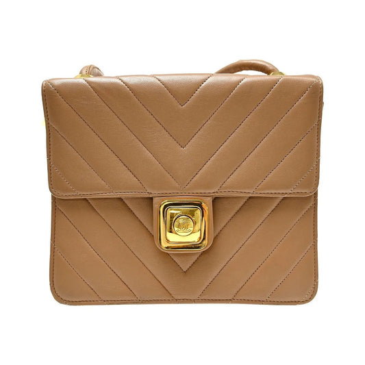 Chanel Vintage Push Lock Flap Chevron Lambskin, Brown, Leather, Shoulder Bag
