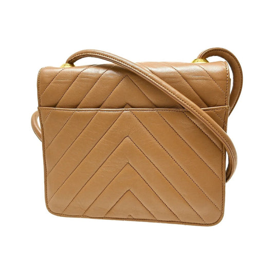 Chanel Vintage Push Lock Flap Chevron Lambskin, Brown, Leather, Shoulder Bag