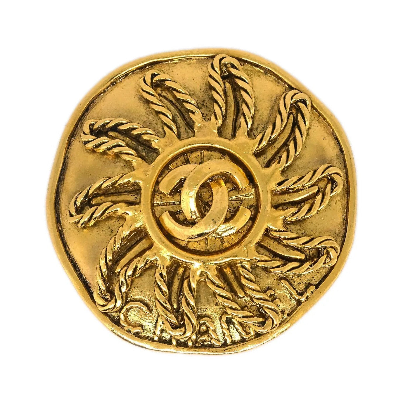 Chanel Vintage Round CC Sun Metal, Gold, Gold Plated, Brooch