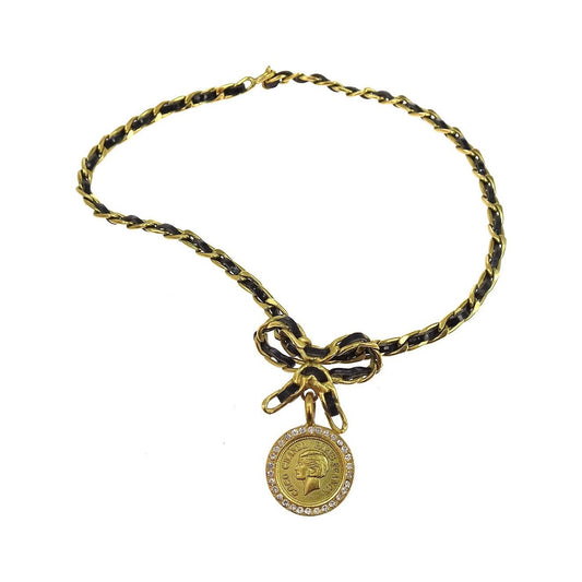 Chanel Vintage Round Medallion Pendant Metal and leather, Gold, Gold Plated, Necklace