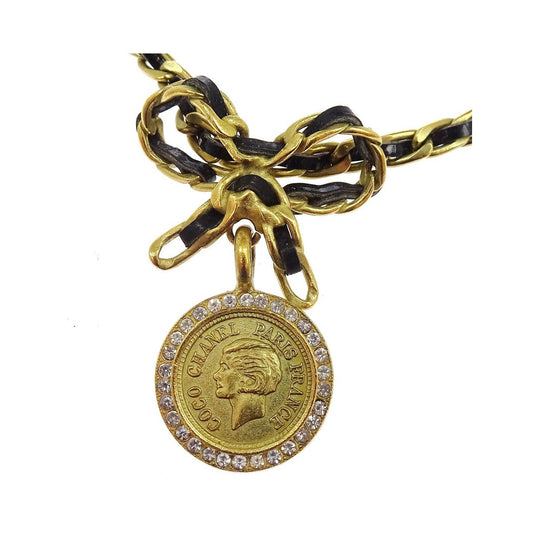 Chanel Vintage Round Medallion Pendant Metal and leather, Gold, Gold Plated, Necklace