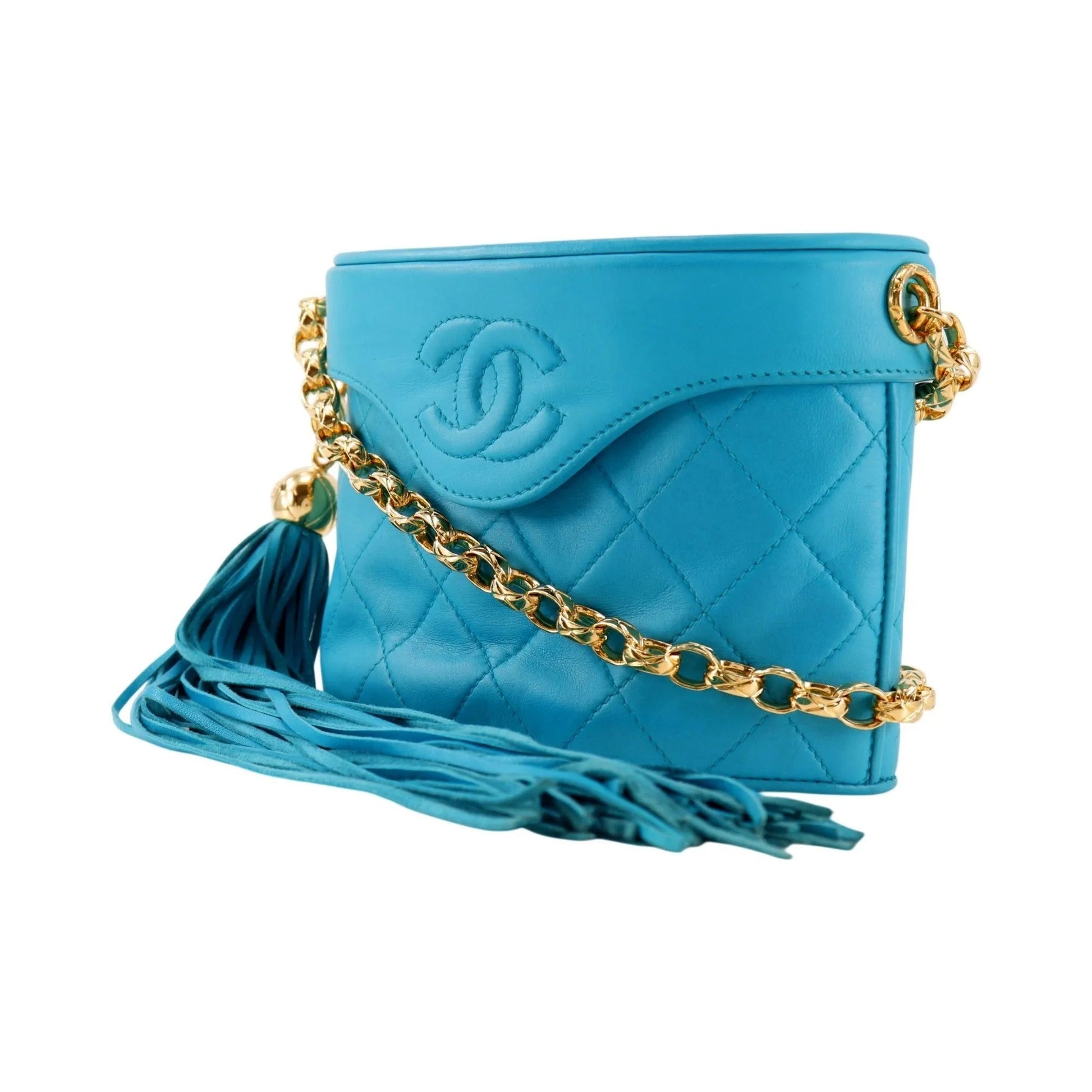 Chanel Vintage Tassel Box Quilted Leather, Turquoise, Leather, Shoulder Bag