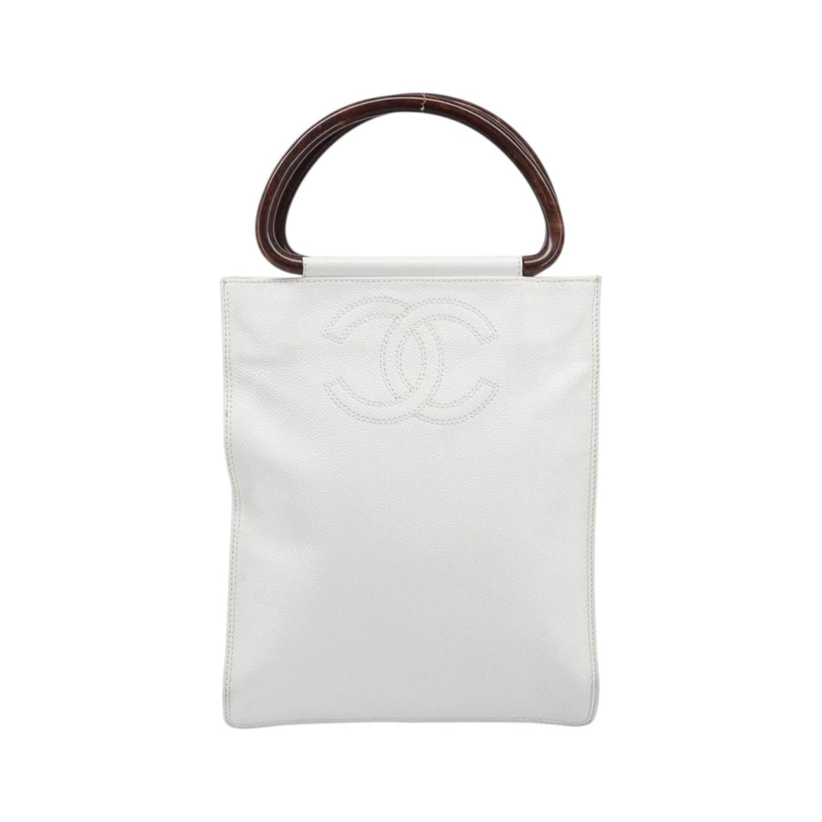 Chanel Vintage Wooden Quilted Caviar, White, Leather, Tote Bag