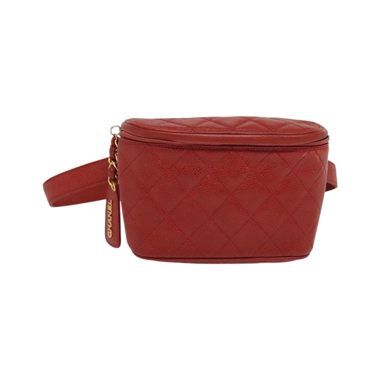 Chanel Vintage Zip Belt Quilted Caviar, Red, Leather, Shoulder Bag
