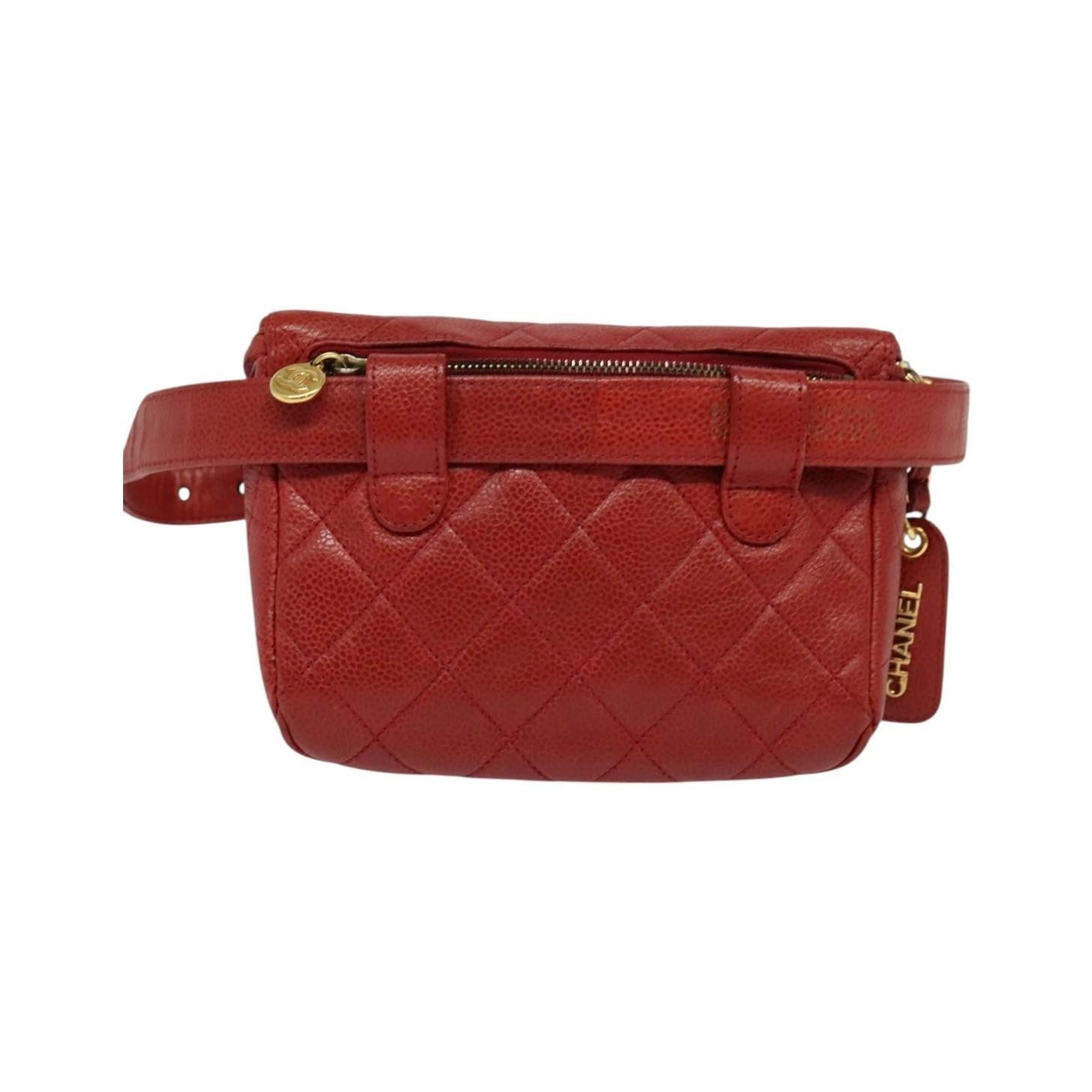 Chanel Vintage Zip Belt Quilted Caviar, Red, Leather, Shoulder Bag