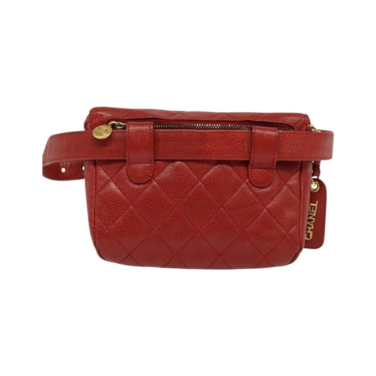 Chanel Vintage Zip Belt Quilted Caviar, Red, Leather, Shoulder Bag