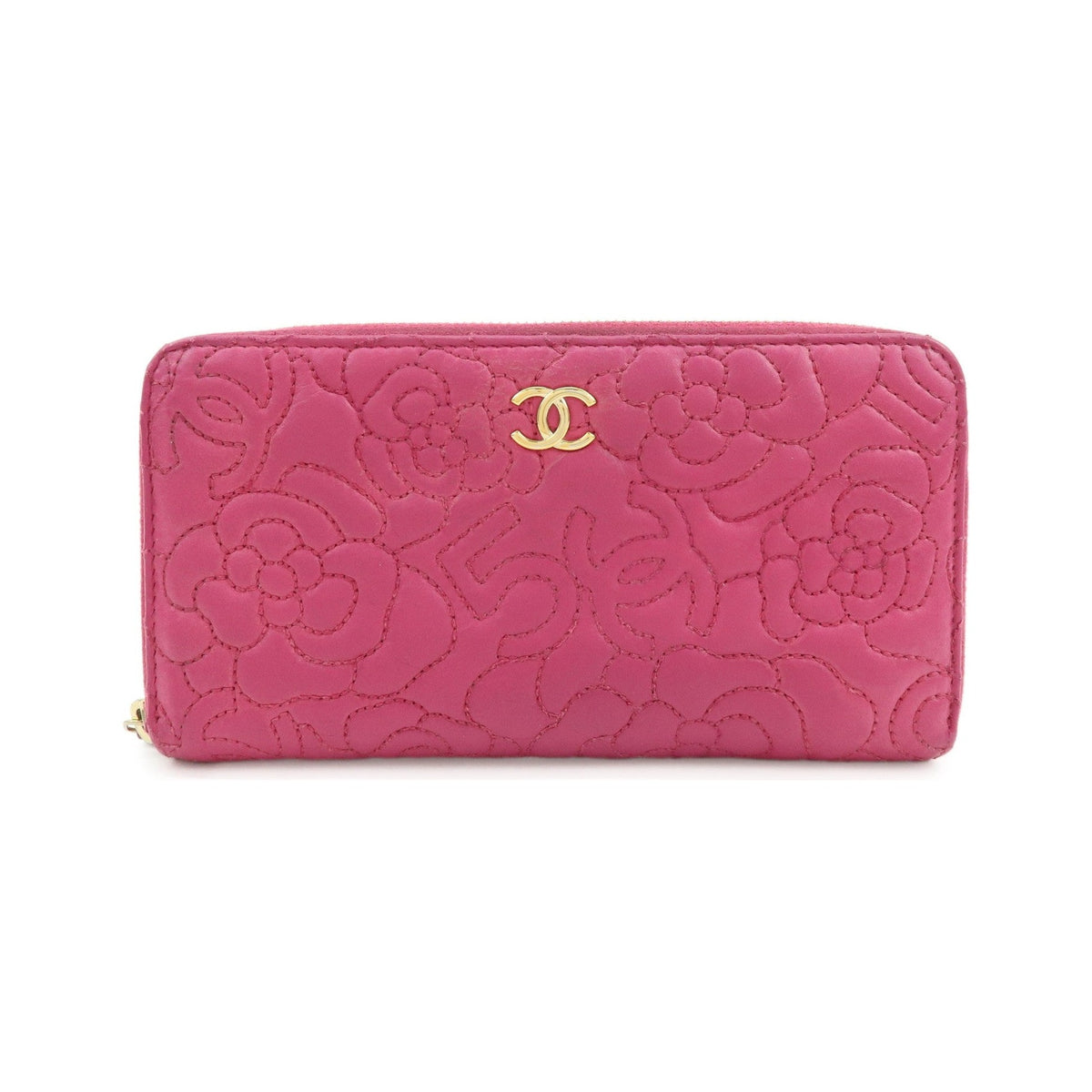 Chanel Zip Around Camellia Patent, Pink, Calfskin, Wallet