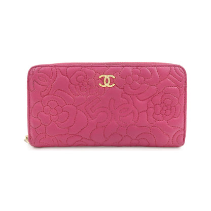 Chanel Zip Around Camellia Patent, Pink, Calfskin, Wallet