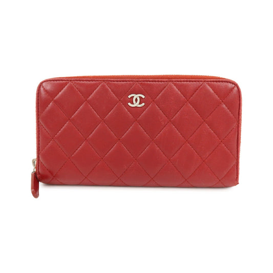 Chanel Zip Around Quilted Lambskin, Red, Leather, Wallet