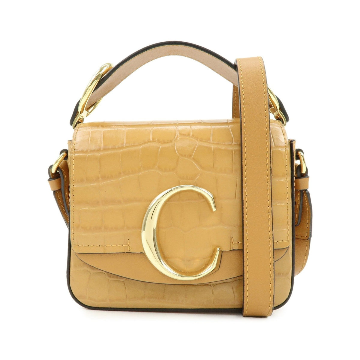 Chloe C Flap Crocodile Embossed Leather, Brown, Leather, Handbag