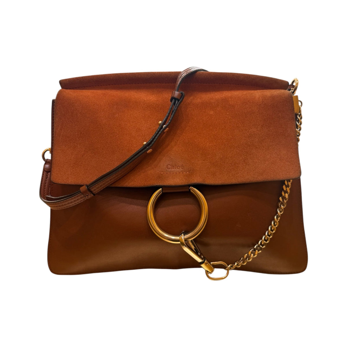 Chloe Faye Chain Leather and Suede, Brown, Leather, Shoulder Bag