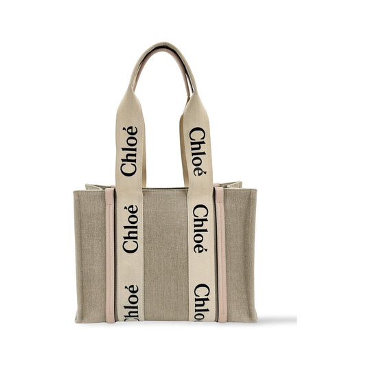 Chloe Woody Canvas with Leather, Beige, Canvas, Tote Bag