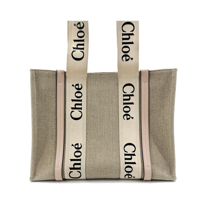 Chloe Woody Canvas with Leather, Beige, Canvas, Tote Bag
