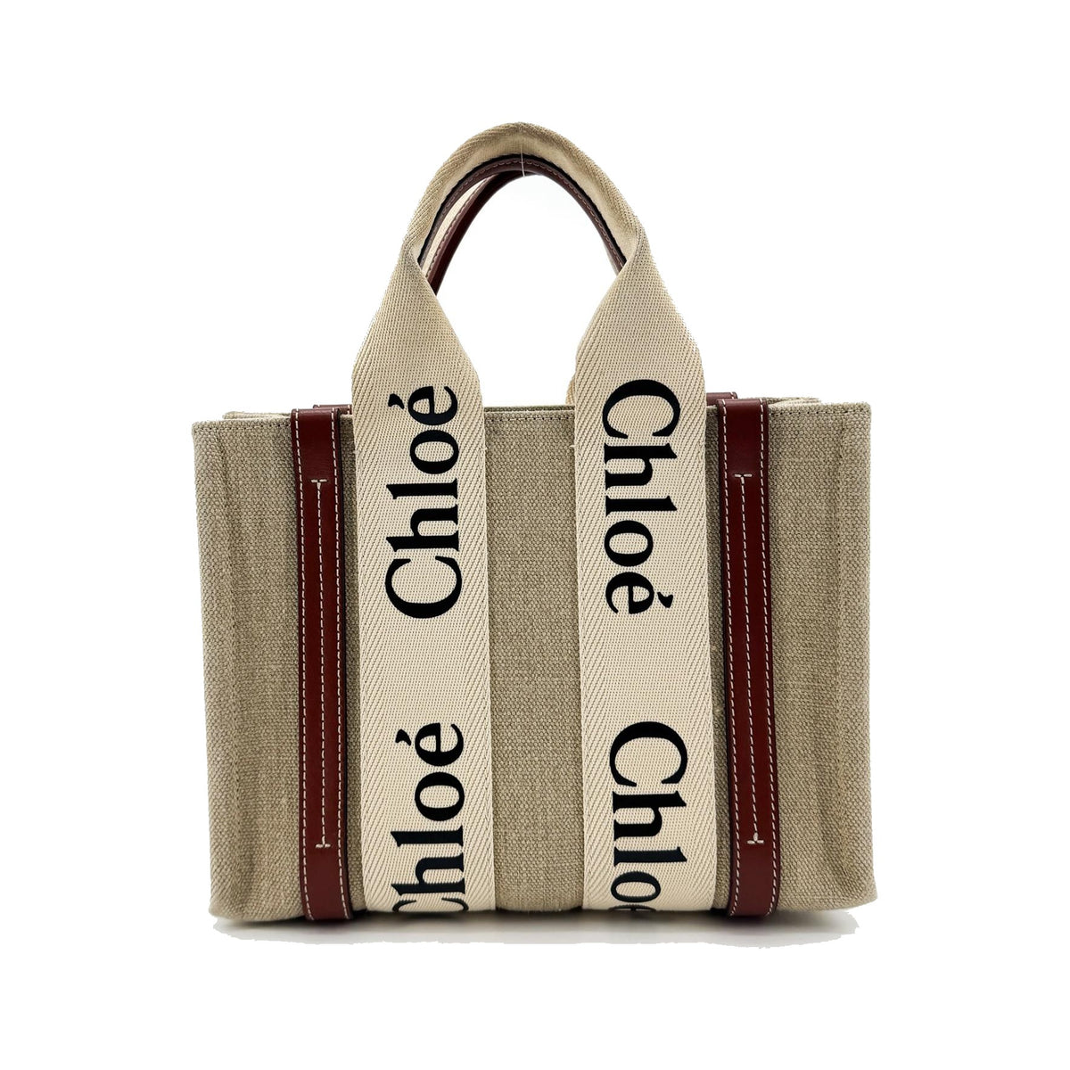 Chloe Woody Canvas with Leather, Brown, Canvas, Tote Bag