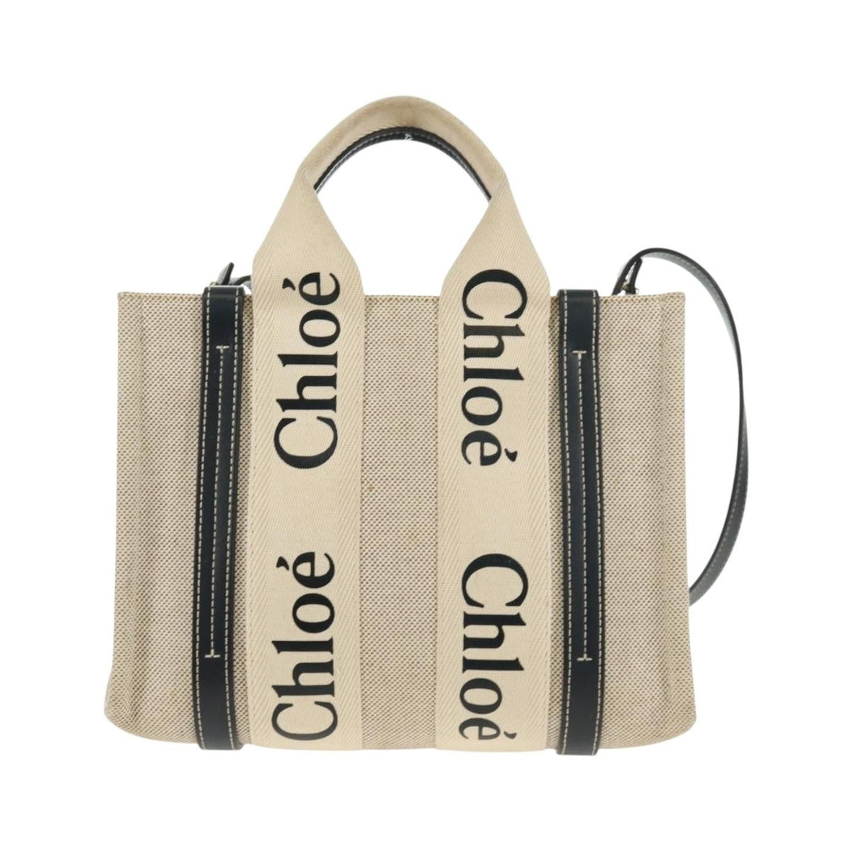Chloe Woody Convertible Canvas with Leather, Beige, Canvas, Tote Bag
