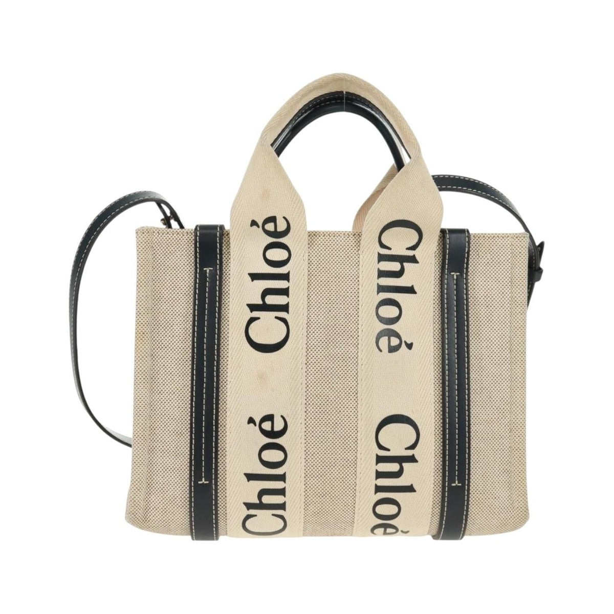 Chloe Woody Convertible Canvas with Leather, Beige, Canvas, Tote Bag