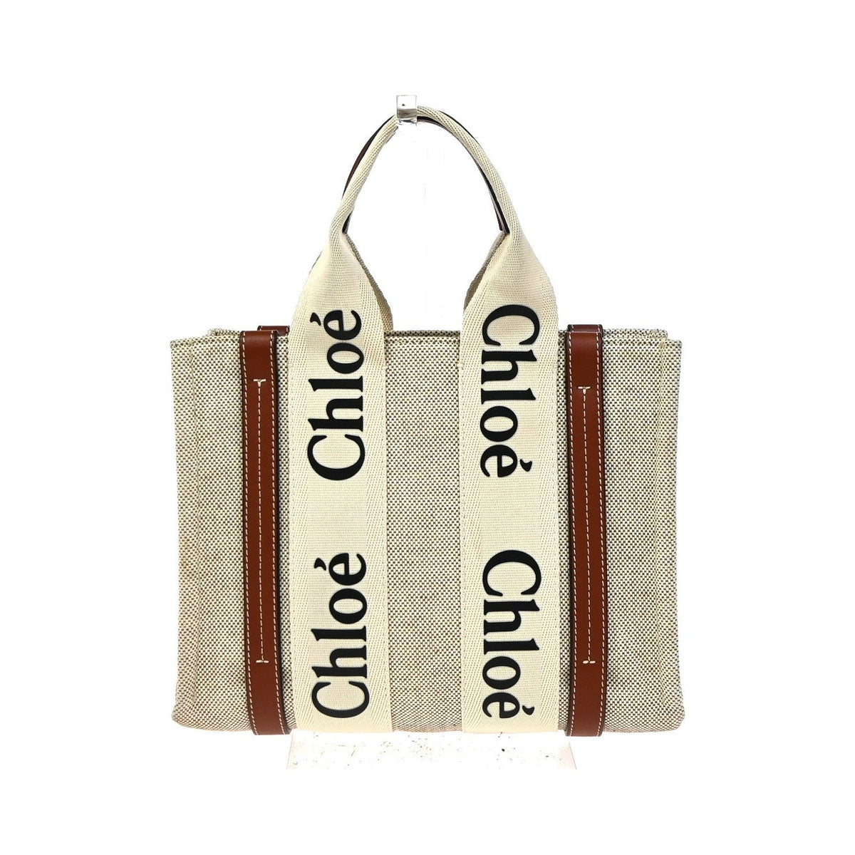 Chloe Woody Leather, Beige, Canvas, Tote Bag