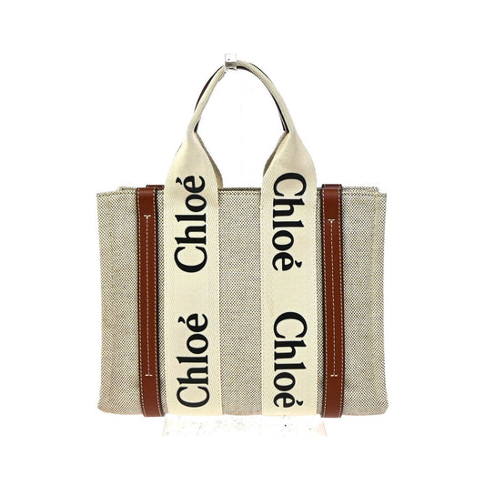 Chloe Woody Leather, Beige, Canvas, Tote Bag