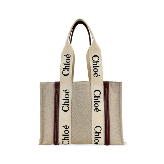 Chloe Woody Tote Canvas with Leather, Beige, Canvas, Handbag
