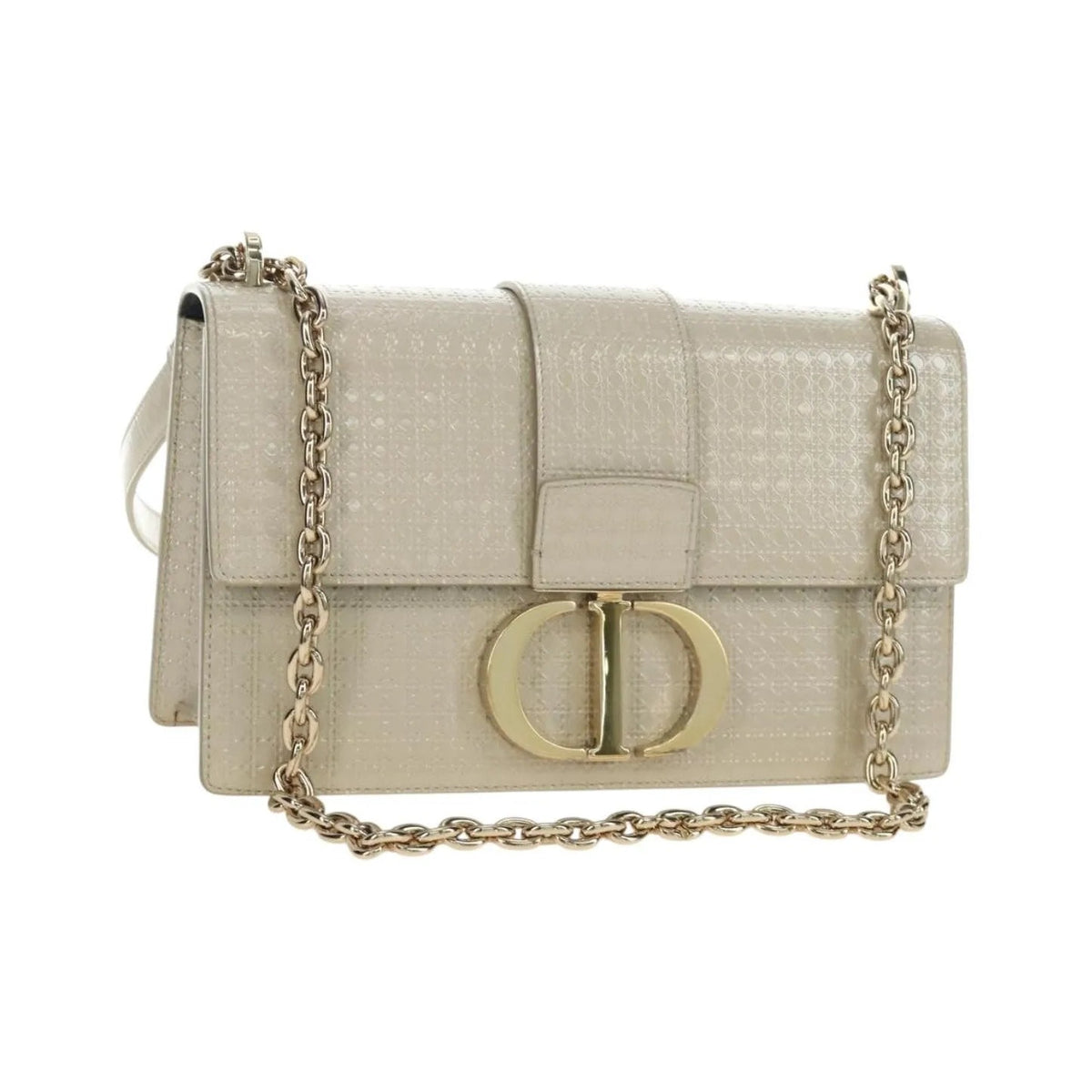 Christian Dior 30 Montaigne Chain Flap Micro Cannage Metallic Calfskin, Beige, Patent Leather, Shoulder Bag