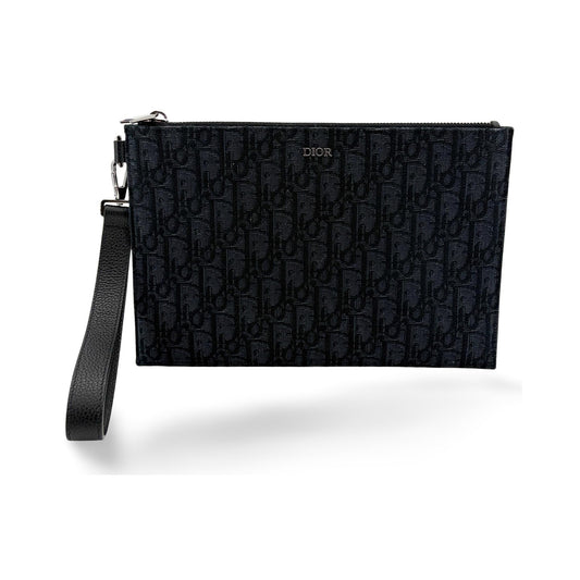 Christian Dior A5 Pouch Printed Oblique Denim, Black, Other, Clutch