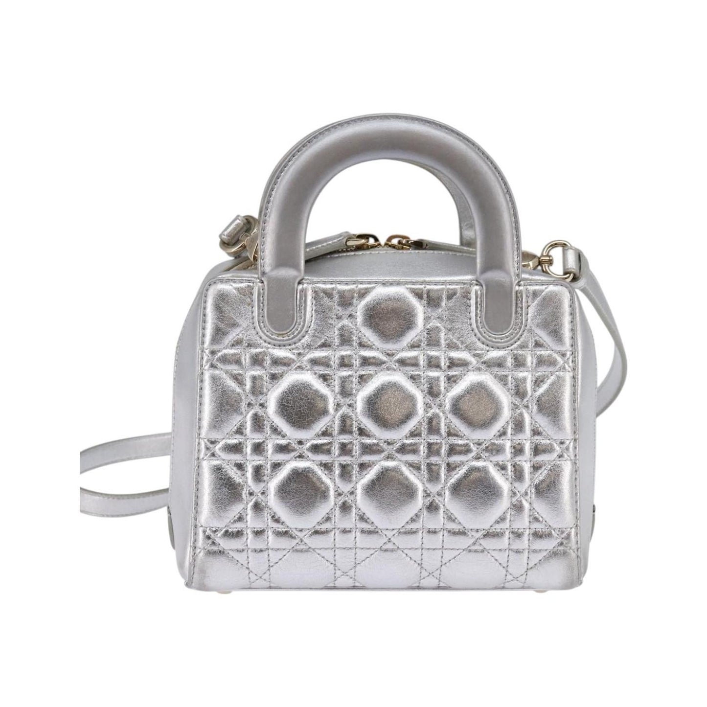 Christian Dior Cannage Granville Mini Bowling Bag Metallic Leather, Silver, Leather, Crossbody Bag