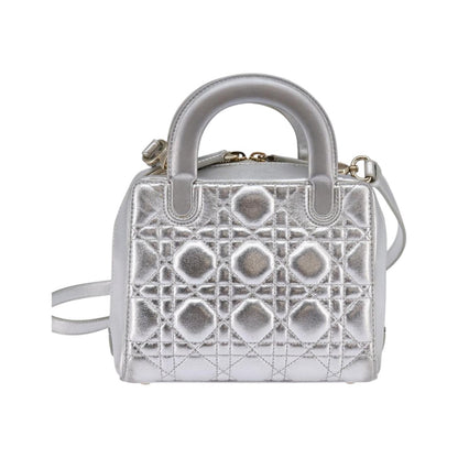Christian Dior Cannage Granville Mini Bowling Bag Metallic Leather, Silver, Leather, Crossbody Bag