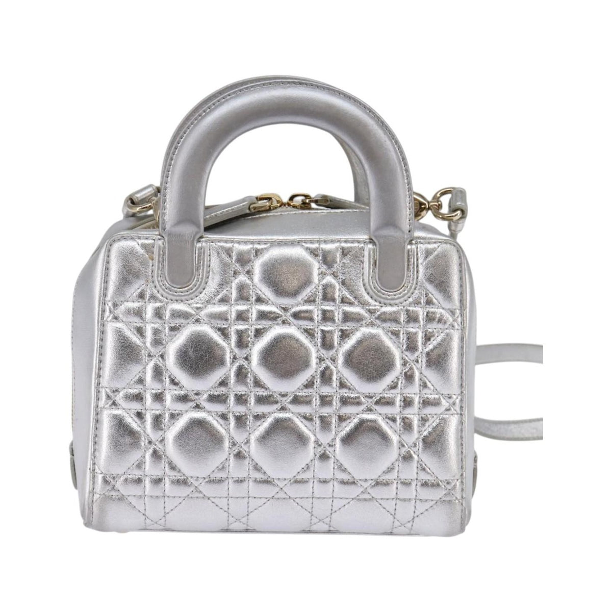 Christian Dior Cannage Granville Mini Bowling Bag Metallic Leather, Silver, Leather, Crossbody Bag