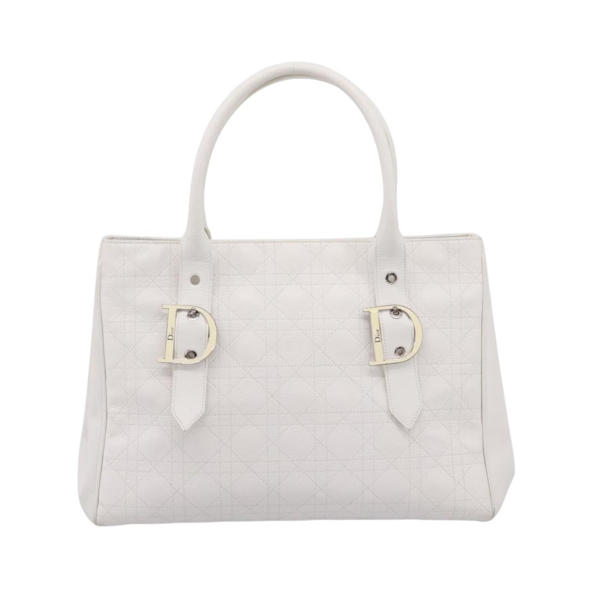Christian Dior D Buckle Tote Cannage Stitch Leather, White, Leather, Tote Bag