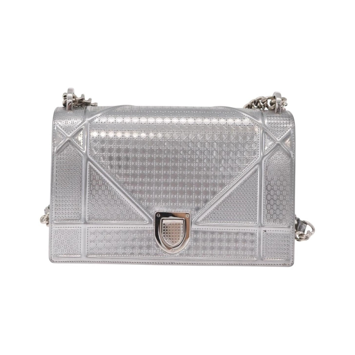 Christian Dior Diorama Flap Patent, Silver, Patent Leather, Handbag