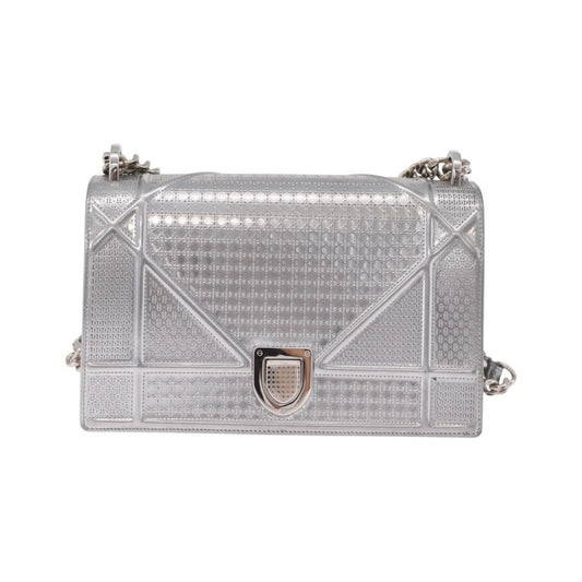 Christian Dior Diorama Flap Patent, Silver, Patent Leather, Handbag