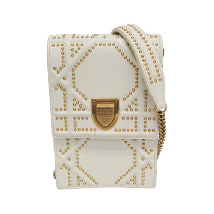 Christian Dior Diorama Vertical Clutch on Chain Studded Leather, White, Leather, Clutch