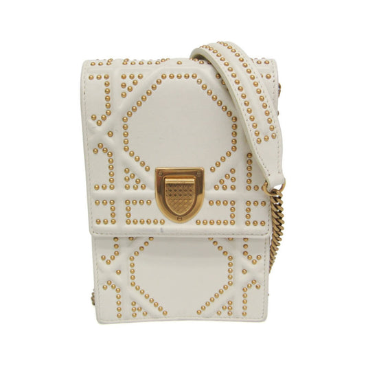 Christian Dior Diorama Vertical Clutch on Chain Studded Leather, White, Leather, Clutch