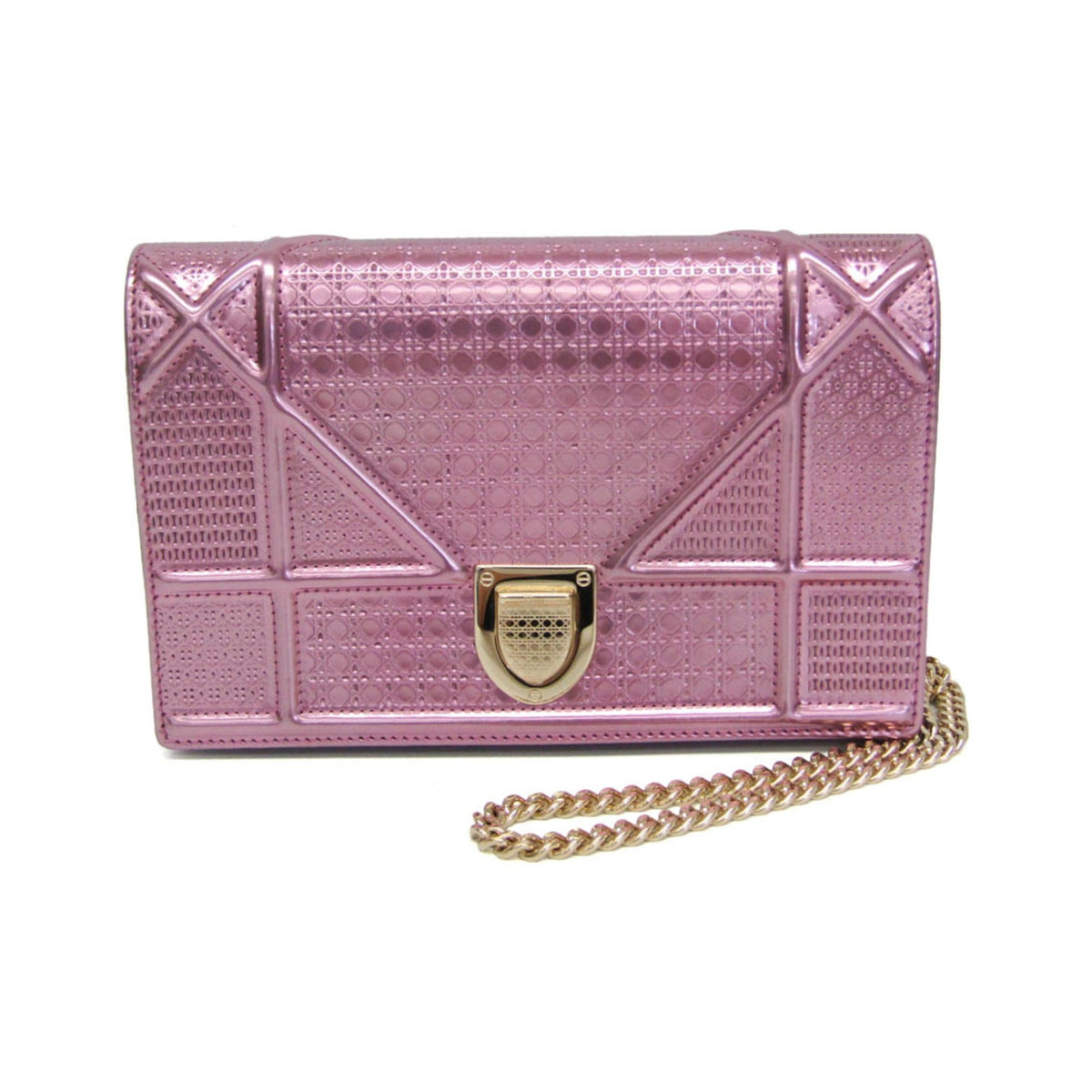 Christian Dior Diorama Wallet on Chain Metallic Distressed Calfskin, Pink, Patent Leather, Crossbody Bag