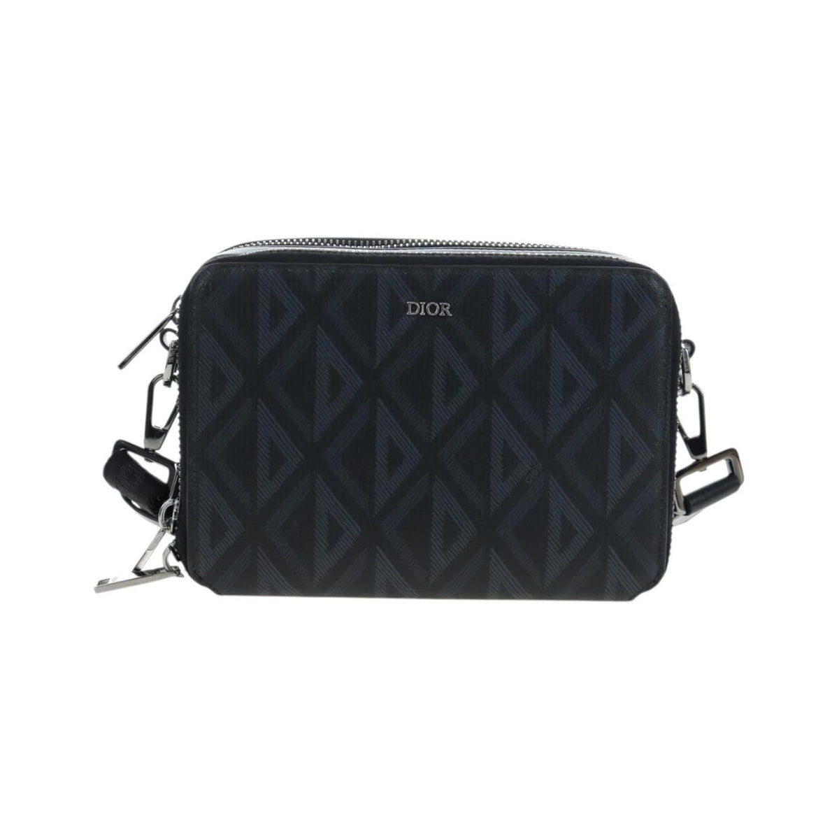 Christian Dior Double Zip CD Diamond Coated Canvas, Black, Canvas, Crossbody Bag