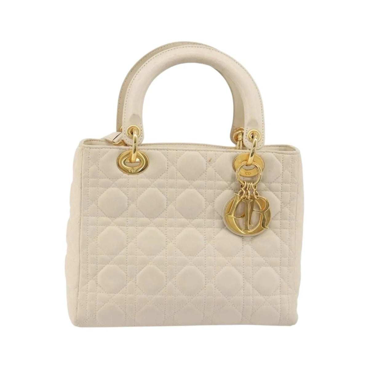 Christian Dior Lady Dior Cannage Quilt Lambskin, White, Leather, Handbag
