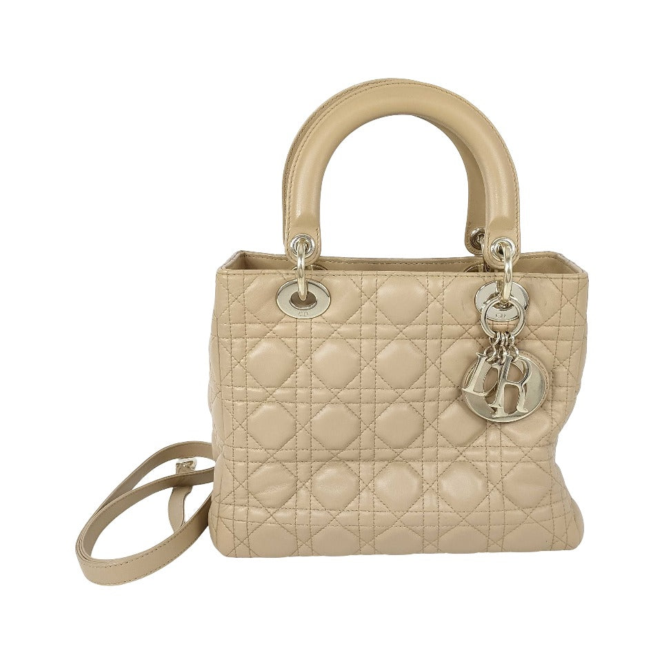 Christian Dior Lady Dior Cannage Quilt Lambskin, Beige, Leather, Handbag