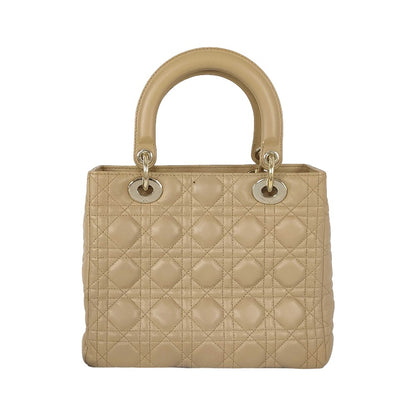 Christian Dior Lady Dior Cannage Quilt Lambskin, Beige, Leather, Handbag