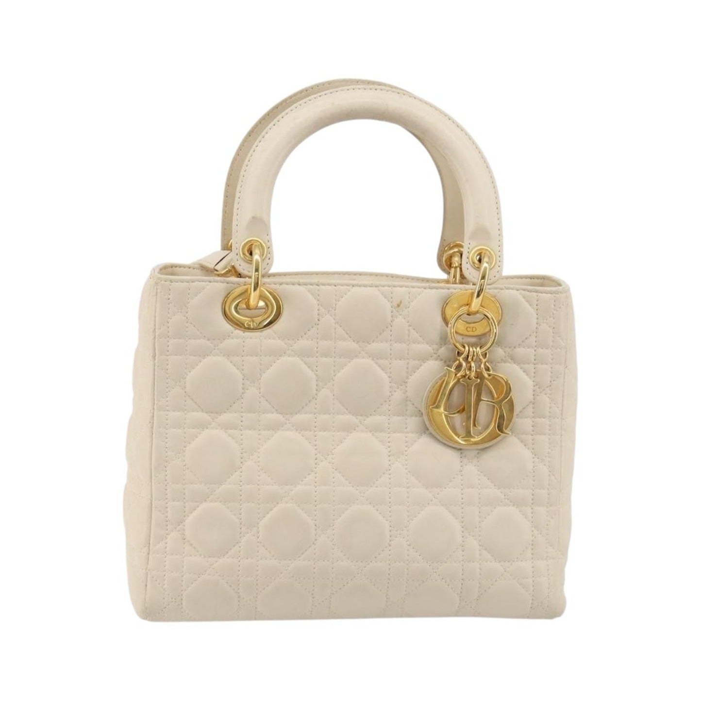Christian Dior Lady Dior Cannage Quilt Lambskin, White, Leather, Handbag