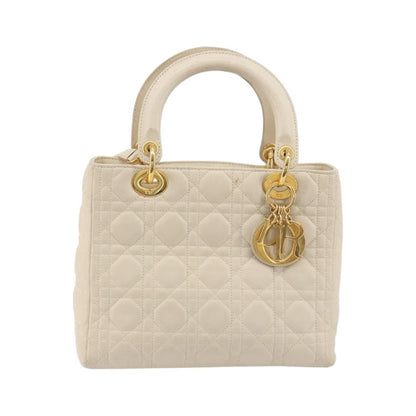Christian Dior Lady Dior Cannage Quilt Lambskin, White, Leather, Handbag