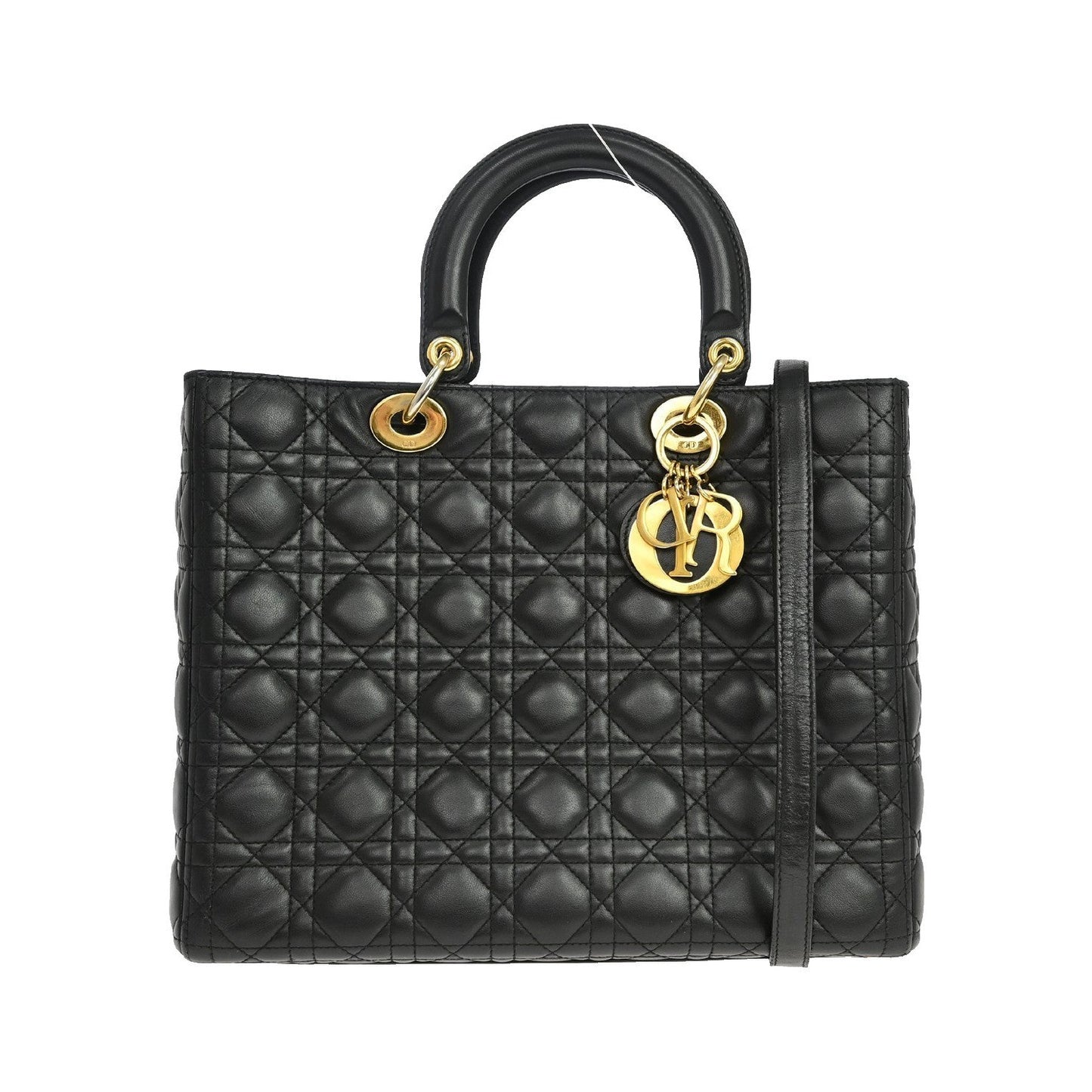 Christian Dior Lady Dior Cannage Quilt Lambskin, Black, Leather, Handbag
